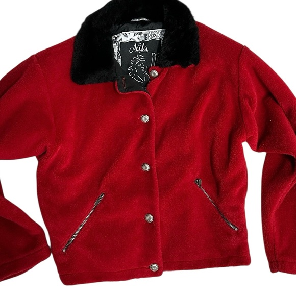 Vintage Nils Skiwear Fleece fur Bomber Jacket coat Red black sz M - Picture 1 of 8
